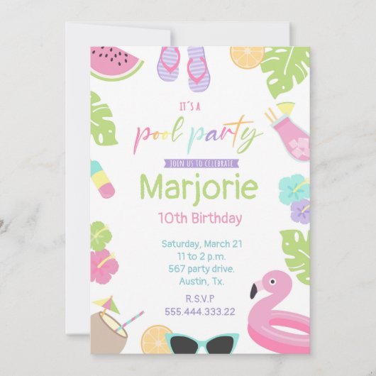 Invitation Fête de billard, tropical, char flamant (Devant)