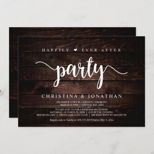 Invitation Fête de bonheur éternel, Bois rustique, Fugue amou (Devant / Derrière)