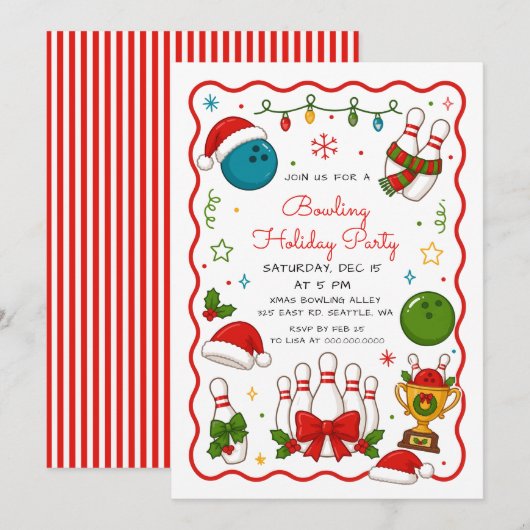 Invitation Fête de bowling des vacances de Noël (Devant / Derrière)