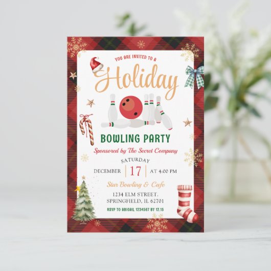 Invitation Fête de bowling Noël Plaid Rouge Noir (Debout devant)