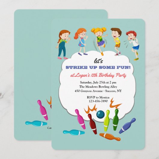 Invitation Fête de bowling pour enfants (Devant / Derrière)