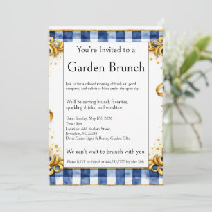 Invitation Fête de brunch en plein air Glam gingham or bleu b