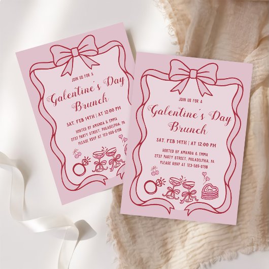 Invitation Fête de brunch Galentine's Day avec un nœud rose r