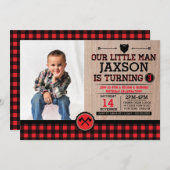 Invitation Fête de bûcheron avec photo, enfant rustique plaid (Devant / Derrière)