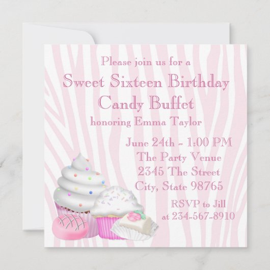 Invitation Fête de Buffet de Bonbons Zèbre Rose (Dos)