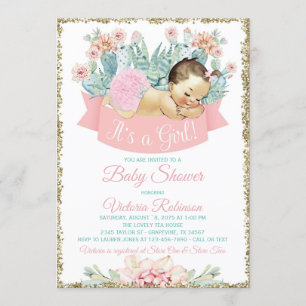 Invitation Fête de Cactus pour Bébé Fille Brune Baby Shower