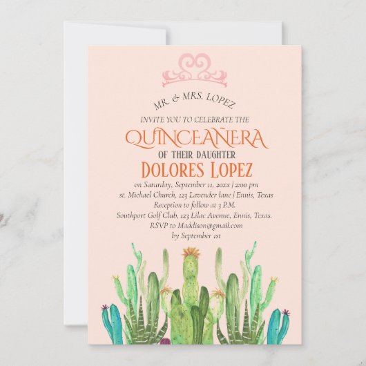 Invitation Fête de Cactus Tiara Quinceañera (Devant)