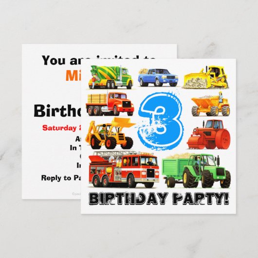Invitation Fête de camionnette de construction de 3e annivers (Devant / Derrière)
