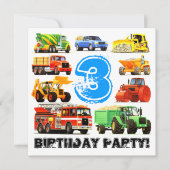 Invitation Fête de camionnette de construction de 3e annivers (Devant)