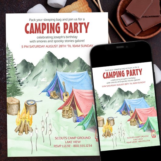 Invitation Fête de Camping Sleepover Aventure Anniversaire