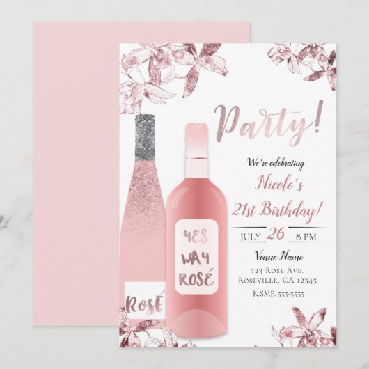 Invitation Fête de célébration avec du vin rosé et des fleurs (Devant / Derrière)