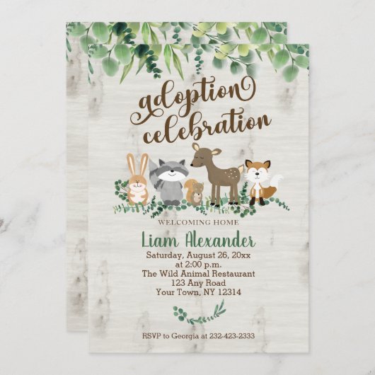 Invitation Fête de célébration d'adoption Animaux de la forêt (Devant / Derrière)