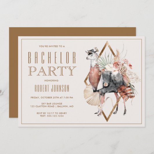 Invitation Fête de célibataire messieurs Llama formels (Devant / Derrière)