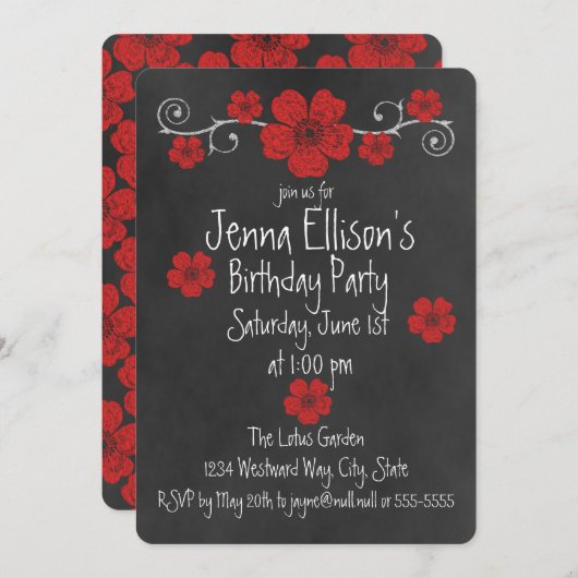Invitation Fête de Chalkboard Wild Red Roses (Devant / Derrière)