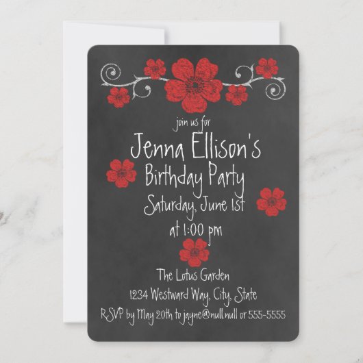 Invitation Fête de Chalkboard Wild Red Roses (Devant)