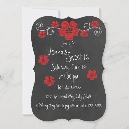 Invitation Fête de Chalkboard Wild Red Roses (Devant)