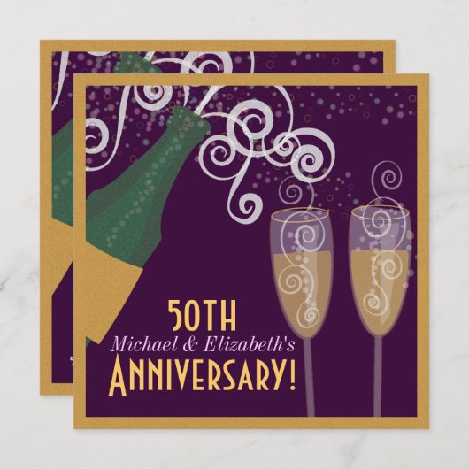 Invitation Fête de champagne pétillant doré pour le 50e anniv (Devant / Derrière)