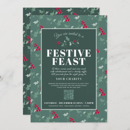 Invitation Fête de charité vert rouge dîner de Noël (Devant / Derrière)