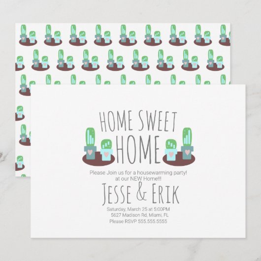 Invitation Fête de Chauffage de Maison avec Cactus en Pot Mod (Devant / Derrière)