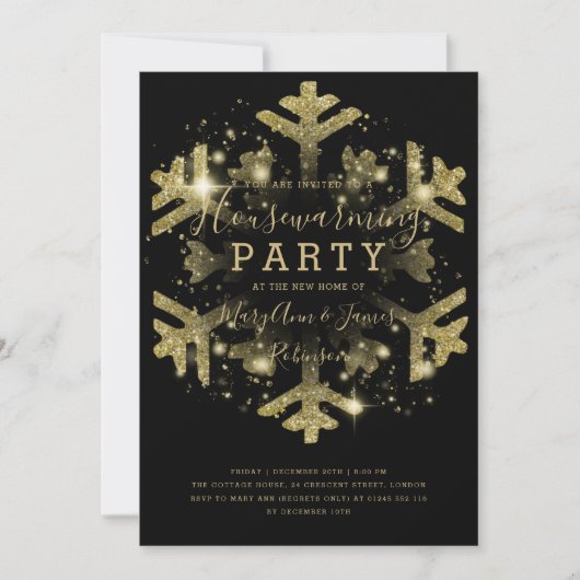 Invitation Fête de Chauffage de Maison d'Hiver Or & Noir (Devant)