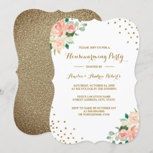 Invitation Fête de Chauffage Fleurale de Confettis Peach Gold