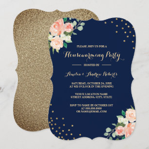 Invitation Fête de Chauffage Maison Fleurs Confettis Or Marin