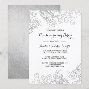 Invitation Fête de Chauffage Maison Florale Vintage Argent Él