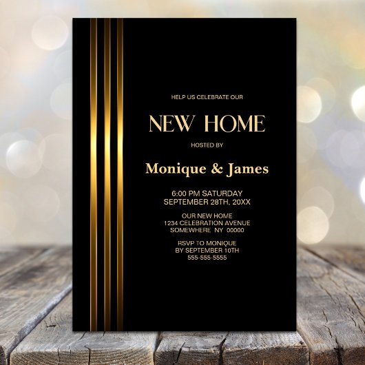 Invitation Fête de Chauffage Maison Noir à Rayures Dorées