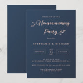 Invitation Fête de Chauffage Maison Rose et Navy à Foliage (Devant / Derrière)