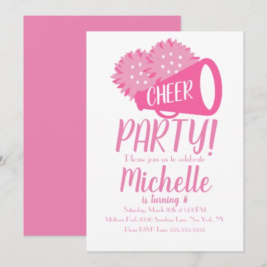 Invitation Fête de Cheerleading Anniversaire Rose (Devant / Derrière)