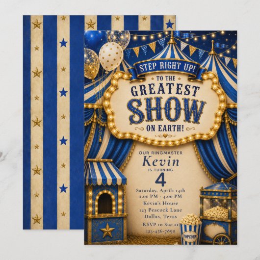 Invitation Fête de cirque bleu (Devant / Derrière)
