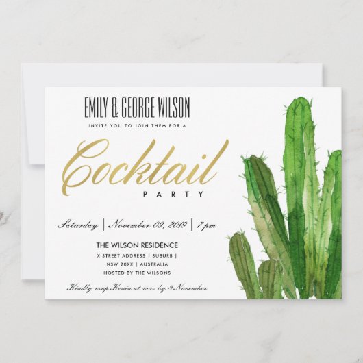 INVITATION FÊTE DE COCKTAIL A L'AQUARELLE DE FEUILLES DE CACT (Devant)