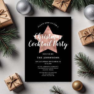 Invitation Fête de cocktail de Noël Black Rose Gold Star