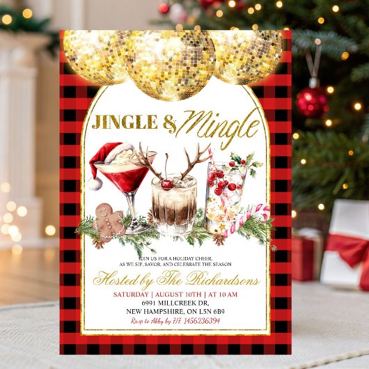 Invitation Fête de Cocktail de Noël Gingham Jingle Mingle