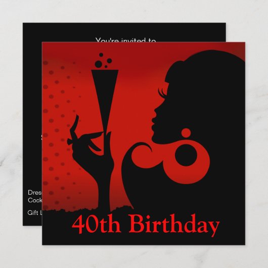 Invitation Fête de cocktail pour 40e anniversaire Glam | roug (Devant / Derrière)