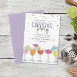 Invitation Fête de cocktail simple moderne minimaliste violet<br><div class="desc">Une invitation à cocktail avec de jolies verres à vin, des parapluies colorés, de la chaux, des citrons et de la cerise. Parfait pour les fêtes d'anniversaire, les anniversaires, les célébrations mariages ou tout rassemblement. Disponible dans les couleurs bleu, orange, violet et rose. Ce design comprend un cocktail simple minimaliste...</div>