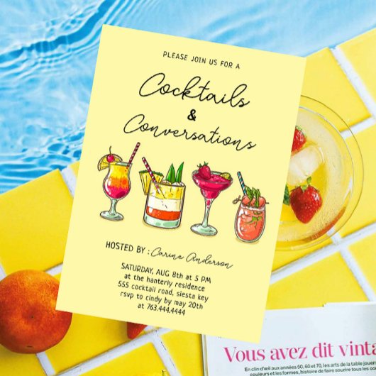 Invitation Fête de cocktails dessinés à la main et de convers