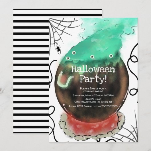 Invitation Fête de Costume Halloween Chaudron de Sorcière Squ (Devant / Derrière)