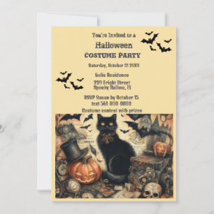 Invitation Fête de costumes d'Halloween Chat noir vintage 