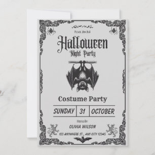 Invitation Fête de costumes d'Halloween vintage noir et blanc