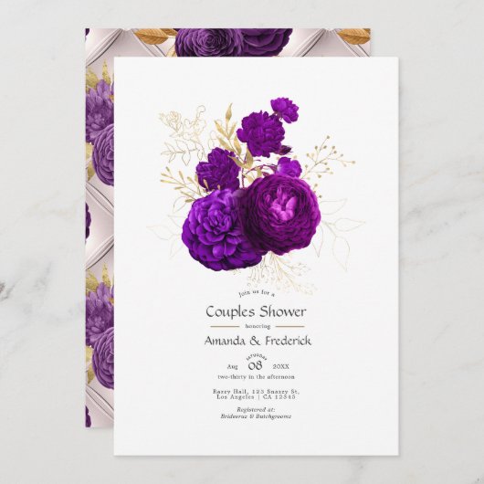 Invitation Fête de Couple Florale Violette et Dorée de Style  (Devant / Derrière)