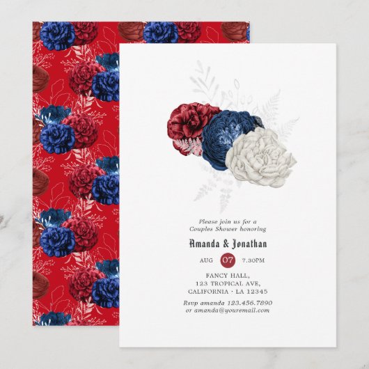 Invitation Fête de couples du 4 juillet rouge blanc et bleu (Devant / Derrière)