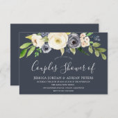 Invitation Fête de couples Navy & White Watercolor Flowers (Devant / Derrière)