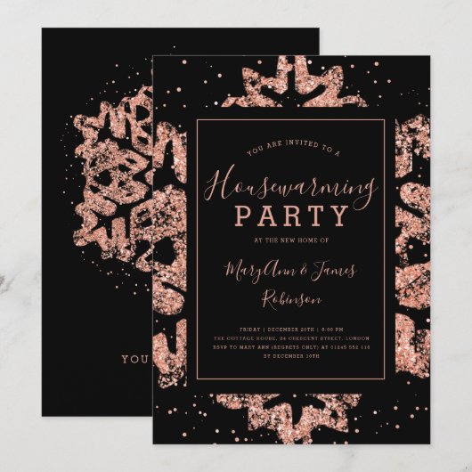 Invitation Fête de crémaillère | Hiver Paillettes Rose Gold (Devant / Derrière)