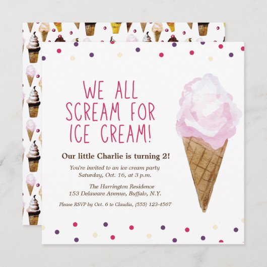 Invitation Fête de crème glacée rétro illustrée à la main (Devant / Derrière)