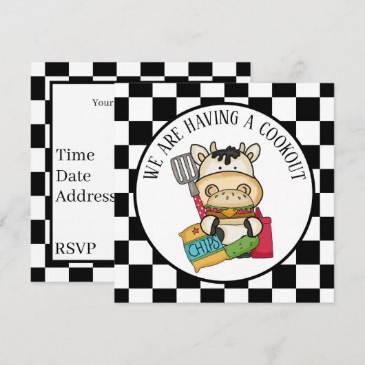 Invitation fête de cuisine pour vache à hamburger mignon (Devant / Derrière)