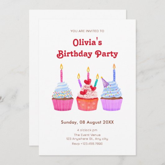 Invitation Fête de cupcakes dessinés à la main (Devant / Derrière)