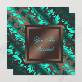 Invitation Fête de damasque marron chocolat bleu aqua (Devant / Derrière)