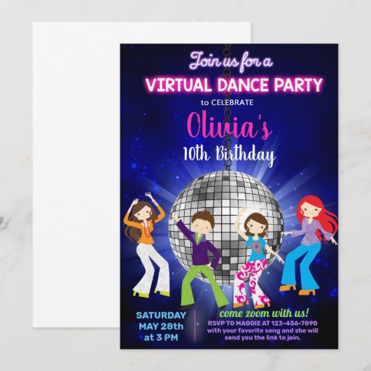 Invitation Fête de danses disco, soirée de danse virtuelle. (Devant / Derrière)
