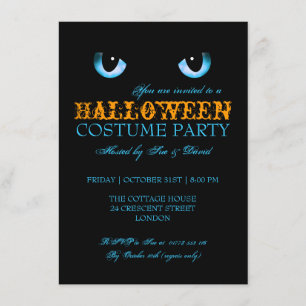 Invitation Fête de déguisement Halloween Chat Noir Bleu